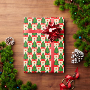 Rode ruiten met bomen landelijk cadeaupapier