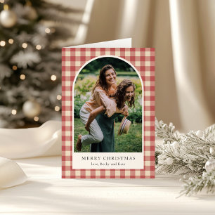 Rode Rustieke Gingham Boog Foto Moderne Kerstmis Feestdagen Kaart