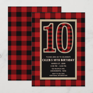 Rode Rustieke Zwarte Buffalo Plaid 10de Verjaardag Kaart
