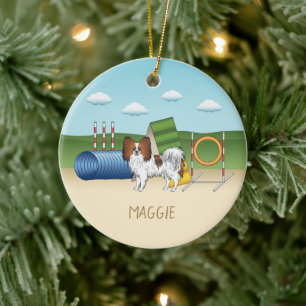 Rode Sable Papillon Agilityhond Met Aangepaste Naa Keramisch Ornament