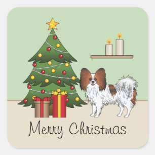 Rode Sable Papillon Mooie Hond Bij Een Kerstboom Vierkante Sticker
