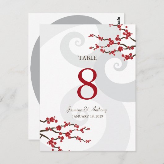 Rode Sakura Cherry Blossoms Swirls Trouwtafel Nu Briefkaart (Voorkant / Achterkant)