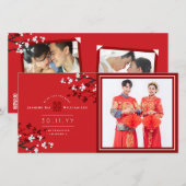 Rode Sakura Dubbel Geluk Huwelijksaankondiging Aankondiging (Voorkant / Achterkant)