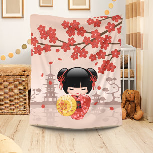 Rode Sakura Kokeshi-pop - Japanse Geisha Fleece Deken