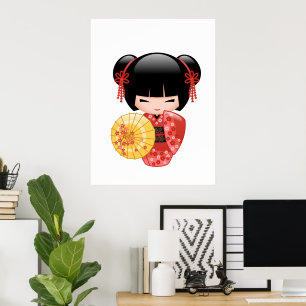 Rode Sakura Kokeshi-pop - Japanse Geisha-meisje Poster