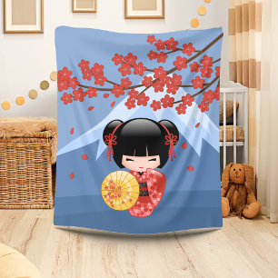 Rode Sakura Kokeshi Pop - Schattig Geisha Meisje Fleece Deken