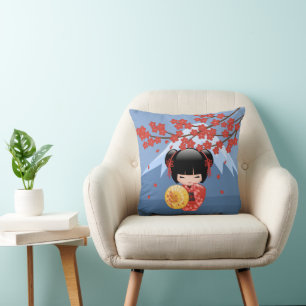 Rode Sakura Kokeshi Pop - Schattig Geisha Meisje Kussen