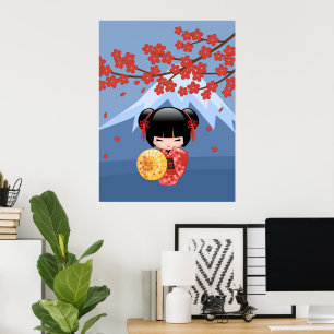Rode Sakura Kokeshi-pop - Schattig Geisha-meisje Poster