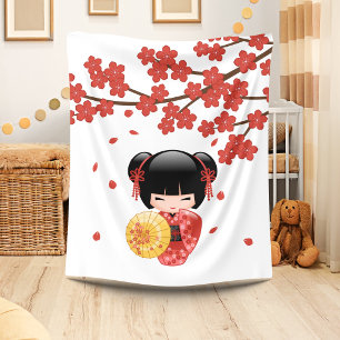 Rode Sakura Kokeshi Pop - Schattige Japanse Geisha Fleece Deken