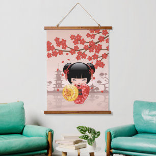 Rode Sakura Kokeshi Pop - Schattige Japanse Geisha Hangend Wandkleed