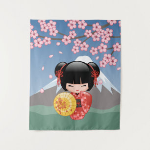 Rode Sakura Kokeshi Pop - Schattige Japanse Geisha Wandkleed