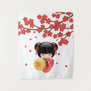 Rode Sakura Kokeshi Pop - Schattige Japanse Geisha Wandkleed