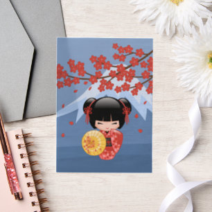 Rode Sakura Kokeshi Schattigee Geisha Meisje Blauw Vellum Uitnodigingen