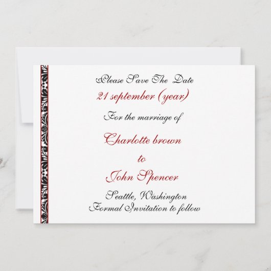 rode save the date aankondiging (Achterkant)