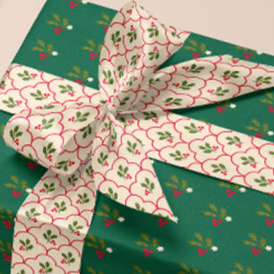 Rode Scallop Holly Branch en bessen Kerstmis Lint