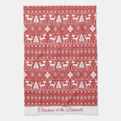 Rode Scandinavische gepersonaliseerde kerstnaam Theedoek (Verticaal)