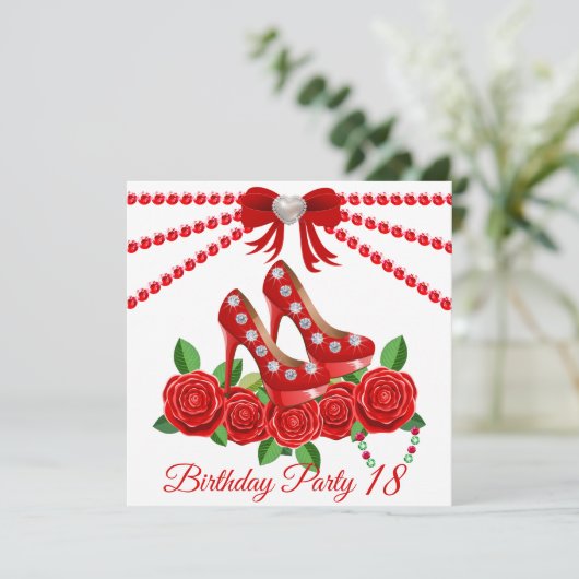 Rode schoenen, juwelen en Roos bloem 18e verjaarda Kaart (Staand voorkant)