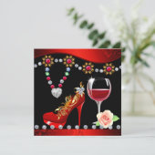 Rode schoenen, wijn en juwelen zwart en rood Vrijg Kaart (Staand voorkant)