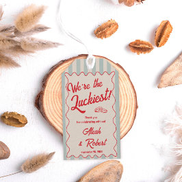 Rode Schrift Blauwe Strepen Retro Trouwdag Cadeaulabel