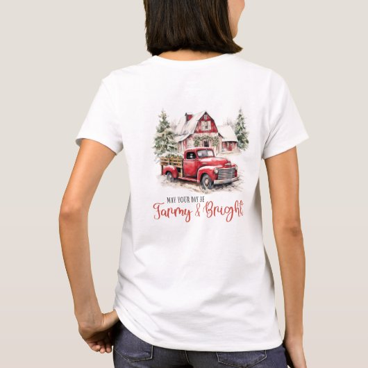 rode schuur en kerst rode vrachtwagen besneeuwd t-shirt (Achterkant)