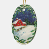 Rode schuur in de sneeuwkerstversiering keramisch ornament (Links)