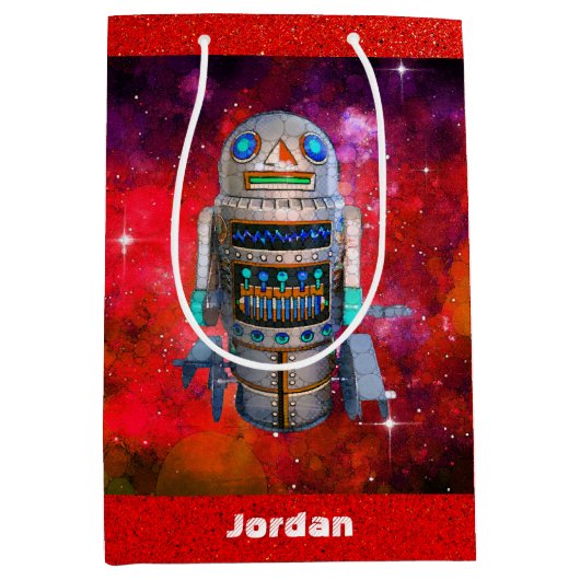Rode Sci Fi retro speelgoed robot galaxy aangepast Medium Cadeauzakje (Voorkant)