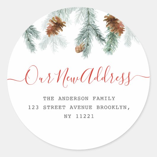 Rode script vakantie bewegende aankondiging ronde sticker (Voorkant)