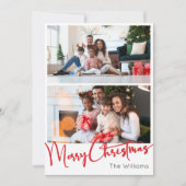 Rode Script Vrolijk Kerstmis Verticale Twee Foto Feestdagenkaart (Voorkant)