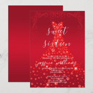 Rode Sequin Ball Gown & Swirls Sweet 16 Verjaardag Kaart