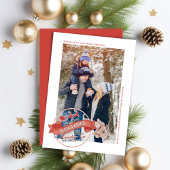 rode slee rijdt op één foto feestdagenkaart