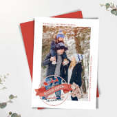 rode slee rijdt op één foto feestdagenkaart