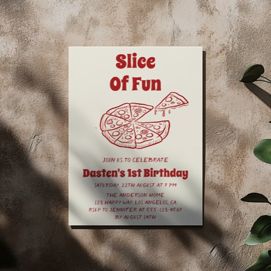Rode Slice of Fun Pizza Eerste Verjaardagsfeestje Kaart