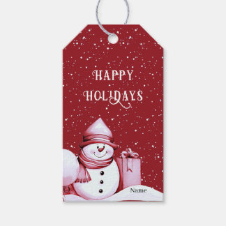 Rode Sneeuwman Besneeuwde Kerstvakantie Cadeaulabel