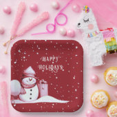 Rode Sneeuwman Snowy Kerstvakantie Papieren Bordje (Feest)