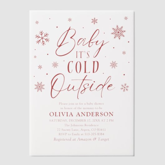 Rode sneeuwvlokken Baby Het is koud buiten Baby sh Vellum Uitnodigingen (Voorkant)