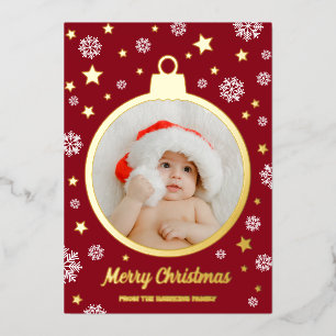 Rode Sneeuwvlokken Gouden Sterren Vrolijk Kerstmis Folie Feestdagenkaart