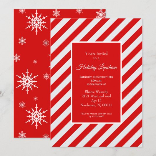 Rode Snoepjes streep en sneeuwvlokken uitnodiging (Voorkant / Achterkant)