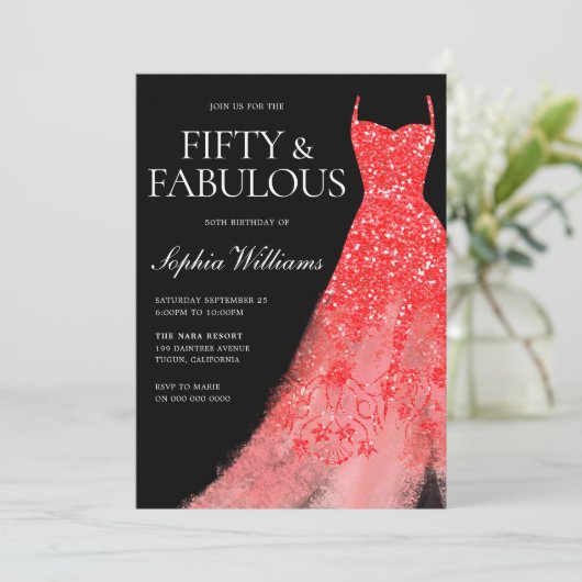 Rode Sparkle Dress Zwart 50ste Verjaardag Party Kaart (Staand voorkant)