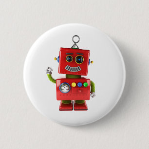 Rode speelgoed robot die hallo zwaait ronde button 5,7 cm