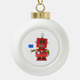 Rode speelgoed robot met hallo bord keramische bal ornament