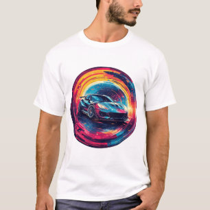 Rode sportauto in moderne surrealistische artistie t-shirt