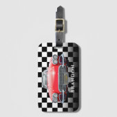 Rode Sport's Auto, Witte Naam, B/W geruit Bagagelabel (Voorkant (verticaal))