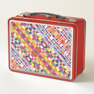 Rode Stalen en Kleurrijke Pixels Metalen Lunchbox