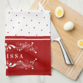 Rode Stippen & Bloemen Swirls Lijst Monogram Theedoek (Quarter Fold)