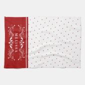 Rode Stippen & Bloemen Swirls Lijst Monogram Theedoek (Horizontaal)