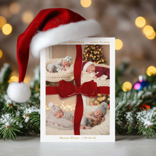 Rode strik baby's eerste kerst vier fotokaart kaart