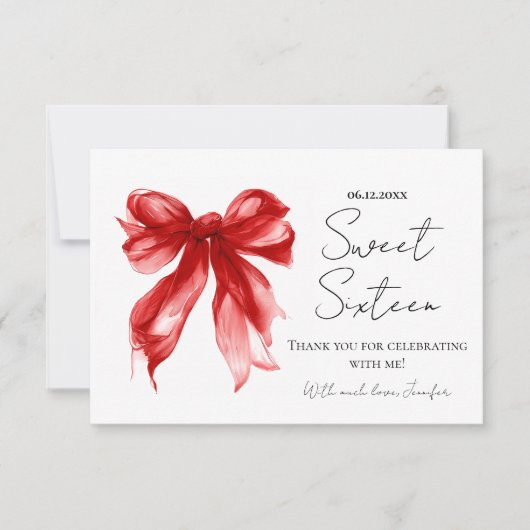 Rode strik coquette script Sweet 16 bedankt (Voorkant)