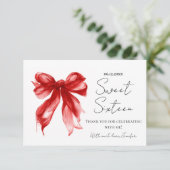 Rode strik coquette script Sweet 16 bedankt (Staand voorkant)