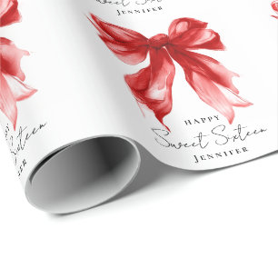 Rode strik Coquette Script Sweet 16-feest Cadeaupapier