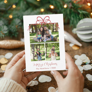 Rode strik familiefotocollage kerstkaart kaart